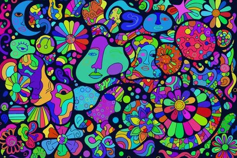 Psychedelic Dreamscape A Colorful Vision of Faces Flowers and Cosmic Forms Stock Illustration