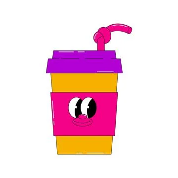 Psychedelic drink with cute face. Funny soda character in groovy style. Fla.. Stock Illustration