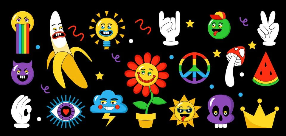 Psychedelic elements. Abstract surrealism funny emoji fashion face. Vector ps Stock Illustration