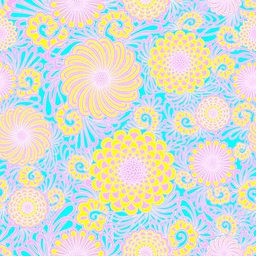 Psychedelic floral pattern with pink and yellow flowers on turquoise background Stock Illustration