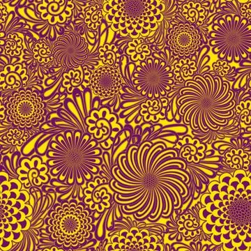 Psychedelic floral pattern with purple and yellow flowers on bright background Stock Illustration