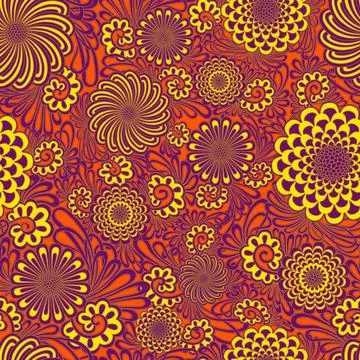 Psychedelic floral pattern with yellow and purple flowers on orange background Stock Illustration