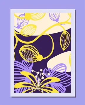 Psychedelic flowers poster. Yellow linear flowers. Bloom and blossom plants Stock Illustration
