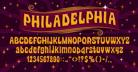 Psychedelic font, hippy groovy type alphabet 库存插图