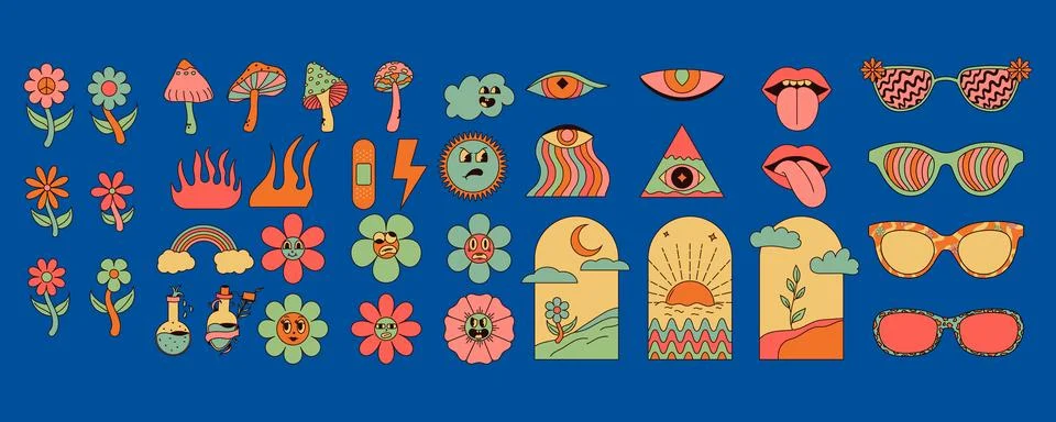 Psychedelic groovy elements. Mushrooms, fire, flower, lips, eyes, sunglasse.. Stock Illustration