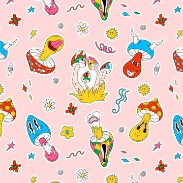 Psychedelic groovy mushrooms character pattern in cartoon style. Funny character Stock Illustration