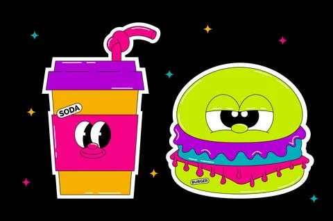 Psychedelic hamburger and drink characters in groovy style. Retro colorful .. Illustrazione stock