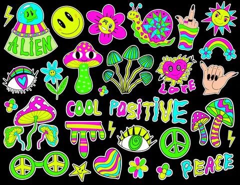 Psychedelic hipster set. Retro 70s, hippie stickers, groovy elements. Cartoon Stock Illustration