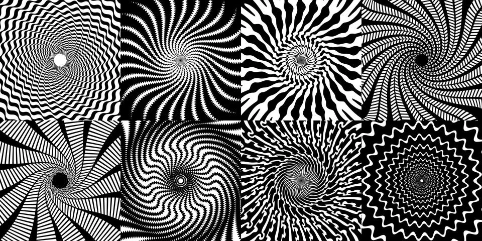 Psychedelic hypnotic spiral patterns, swirl effect Ilustración de archivo
