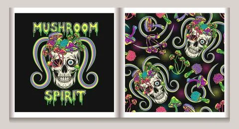 Psychedelic label, pattern with skull, mushrooms Stock Illustration