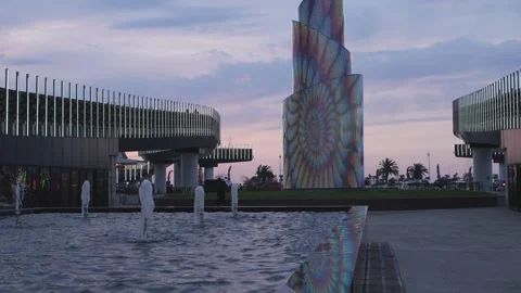 Psychedelic led tower and water fountain in batumi, georgia Stock Footage 333498340