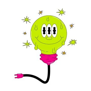 Psychedelic Light Bulb Character with three eyes in groovy style. Flat isol.. Stock Illustration
