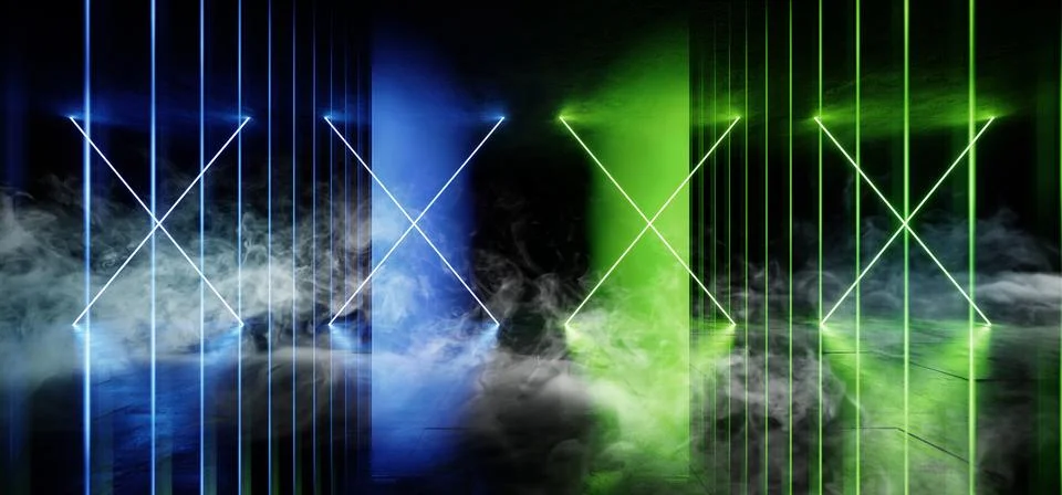 Psychedelic Line Sci Fi Smoke Neon Laser Spaceship Future Dark Corridor Glowi Stock Illustration
