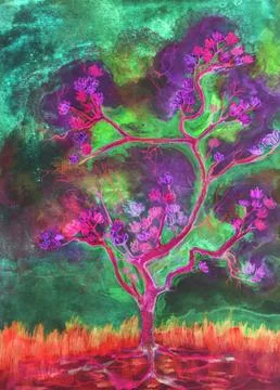 Psychedelic lotus flowers on a tree. Stock Illustration