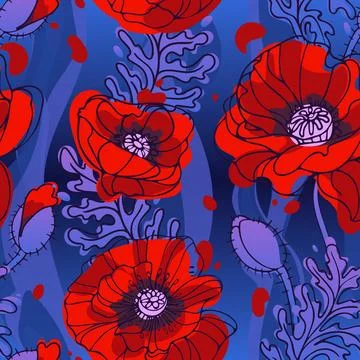 Psychedelic magic poppy pattern. 60s hippie, colorful flowers. Bright summer Illustrazione stock