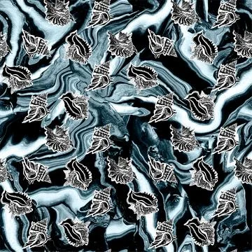 Psychedelic marine seamless pattern with mix of Fluid Art and small seashells. Stock Illustration