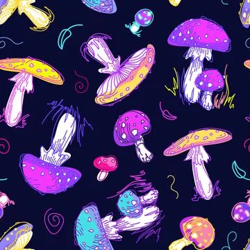 Psychedelic mushrooms pattern. 60s hippie, colorful poisonous fly agaric. Bright Stock Illustration