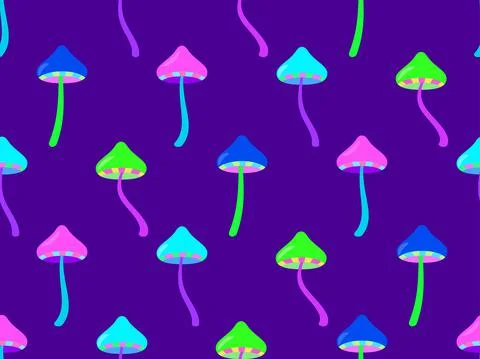 Psychedelic mushrooms seamless pattern. Acid trip, colorful mushrooms in the  Stock-Illustration