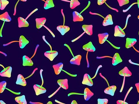 Psychedelic mushrooms seamless pattern. Acid trip, colorful mushrooms in the  Stock Illustration