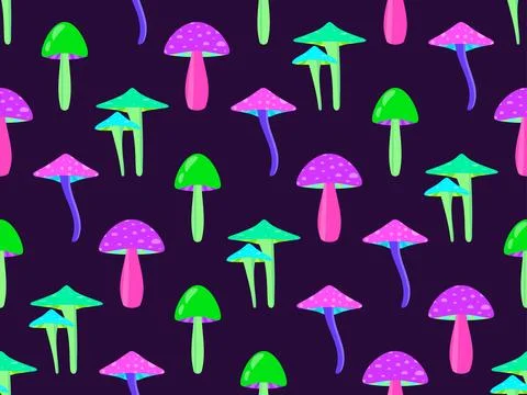 Psychedelic mushrooms seamless pattern. Acid trip, colorful mushrooms in the  Stock Illustration