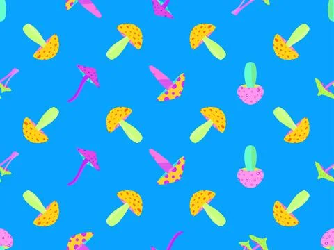 Psychedelic mushrooms seamless pattern. Acid trip, bright colorful mushrooms  Stock-Illustration