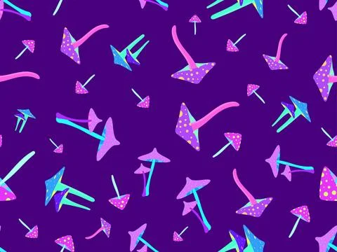 Psychedelic mushrooms seamless pattern. Acid trip, bright colorful mushrooms  Stock Illustration