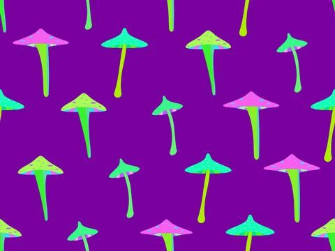 Psychedelic mushrooms seamless pattern. Acid trip, bright colorful mushrooms  Stock Illustration