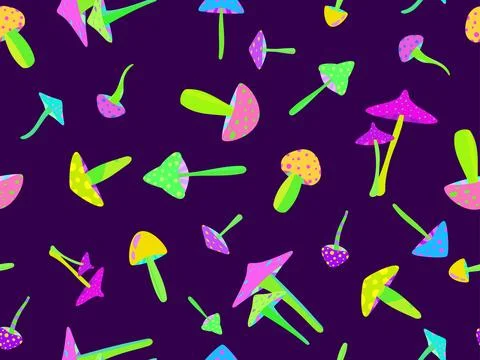 Psychedelic mushrooms seamless pattern. Acid trip, bright colorful mushrooms  Stock Illustration