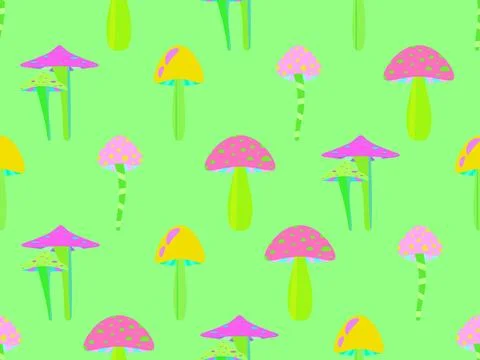 Psychedelic mushrooms seamless pattern. Acid trip, bright colorful mushrooms  Stock Illustration