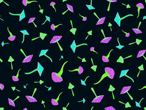 Psychedelic mushrooms seamless pattern. Acid trip, bright colorful mushrooms  Stock Illustration