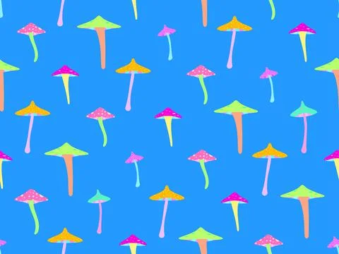 Psychedelic mushrooms seamless pattern. Acid trip, colorful magic mushrooms i Stock Illustration