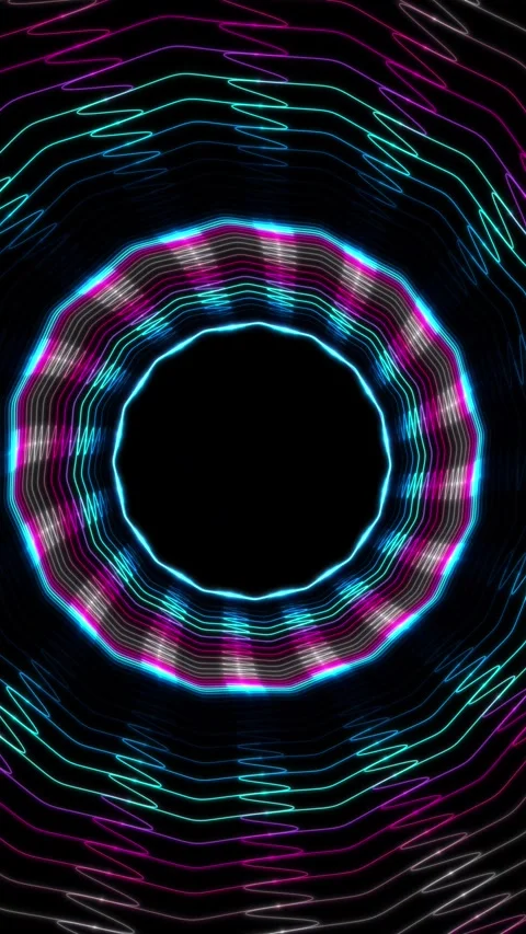 Psychedelic neon circle in abstract glowing waveform background Stock Footage 340229663