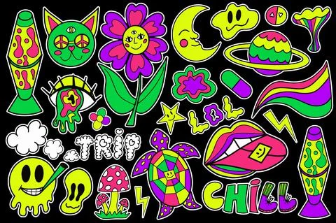 Psychedelic neon trip hipster set stickers. Retro 70s, hippie stickers, groovy Illustrazione stock