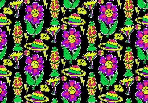Psychedelic neon trip seamless pattern. Retro 70s groovy repeating texture Stock Illustration