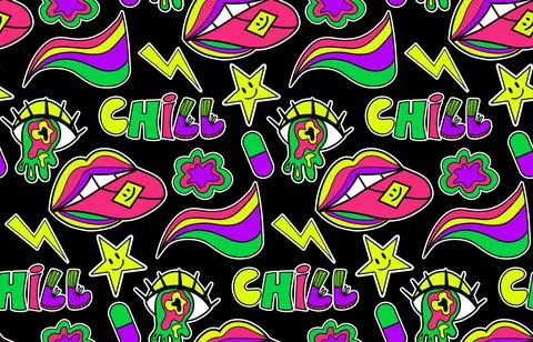 Psychedelic neon trip seamless pattern. Retro 70s groovy repeating texture Stock Illustration