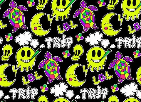 Psychedelic neon trip seamless pattern. Retro 70s groovy repeating texture Stock Illustration