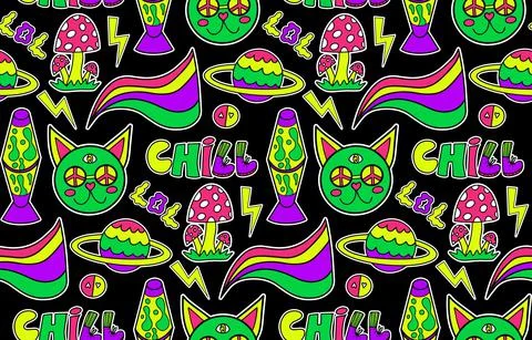 Psychedelic neon trip seamless pattern. Retro 70s groovy repeating texture Stock Illustration