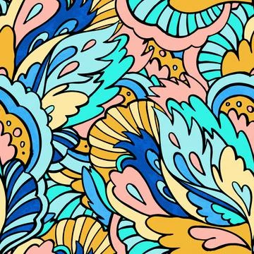 Psychedelic ornamental pattern. Hand drawn texture with floral and botanical Illustrazione stock