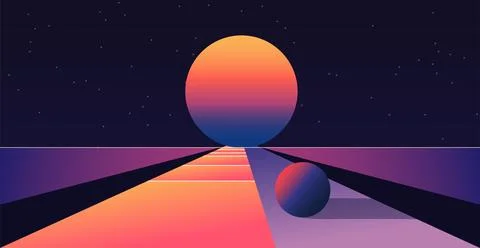 Psychedelic outer space. Trendy gradient planets, retro palette. Stock Illustration