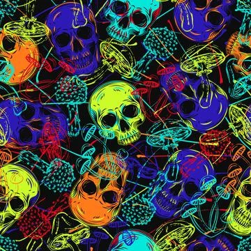 Psychedelic pattern with human skulls, mushrooms Stock Illustration