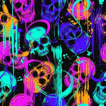 Psychedelic pattern with human skulls, paint Stock Illustration