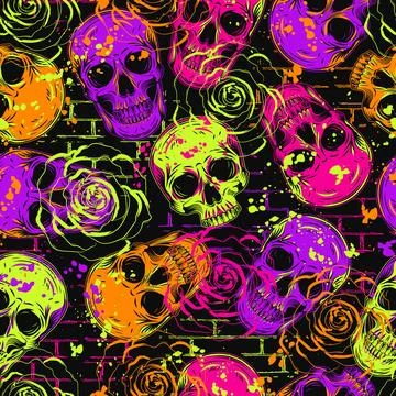 Psychedelic pattern with human skulls, roses Stock Illustration