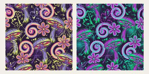 Psychedelic pattern with mushrooms, chamomile Stock Illustration