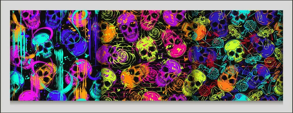 Psychedelic patterns with human skulls. Stock Illustration