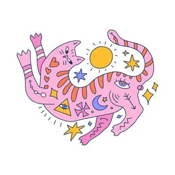 Psychedelic pink cat character with magic tattoos. Quirky animal illustration Stock Illustration