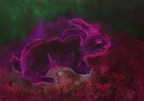 Psychedelic pink rabbit with green and red background. 스톡 일러스트