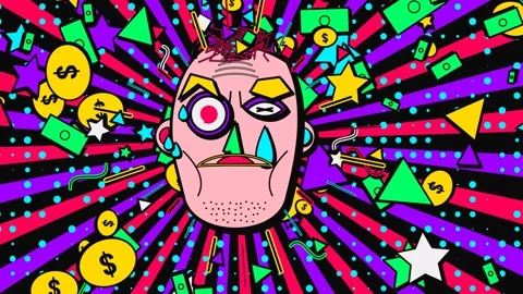 Psychedelic Pop Art Crying Man Head Exploding Brain Floating Money Animation Stock Footage 341173983