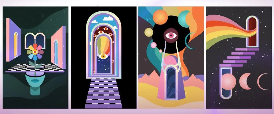 Psychedelic poster. Space abstract background. Geometric retro objects. Porta イラスト素材