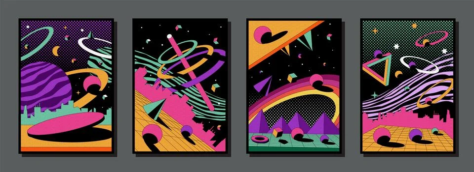 Psychedelic posters. Abstract retro background. 1980s space landscape with Stock Illustration