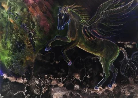 Psychedelic prancing horse with wings. Stock Illustration